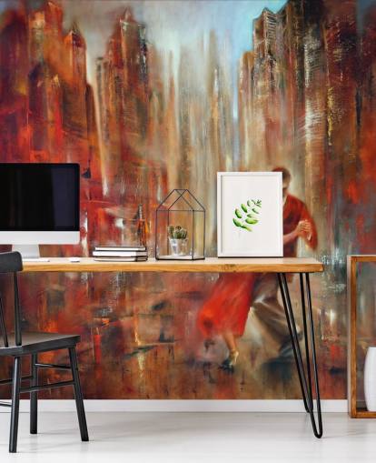 romantic painting of two people dancing in red city wallpaper