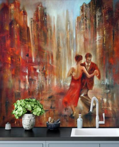 romantic painting of two people dancing in red city wallpaper