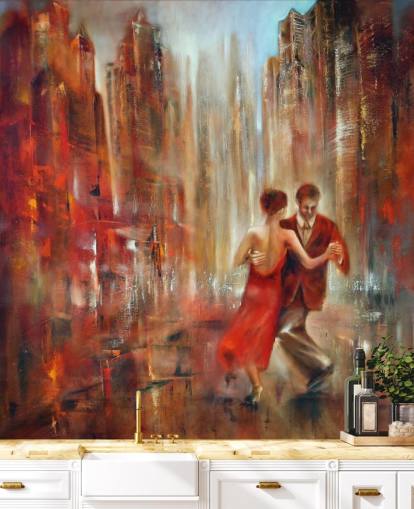 peinture romantique de deux personnes dansant dans le papier peint de la ville rouge