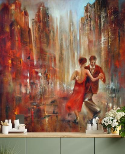 romantic painting of two people dancing in red city wallpaper