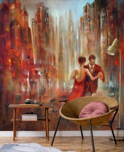 pintura romântica de duas pessoas dançando no papel de parede da cidade vermelha