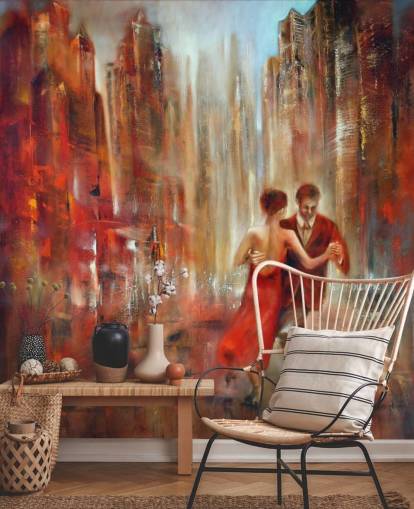 romantic painting of two people dancing in red city wallpaper