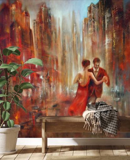 romantisch schilderij van twee mensen die dansen in rood stadsbehang romantisch schilderij van twee mensen die dansen in rood stadsbehang