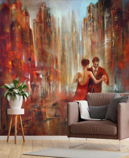 romantic painting of two people dancing in red city wallpaper