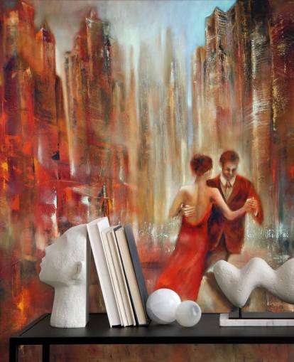 pittura romantica di due persone che ballano nella carta da parati della città rossa