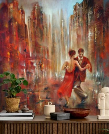 pittura romantica di due persone che ballano nella carta da parati della città rossa
