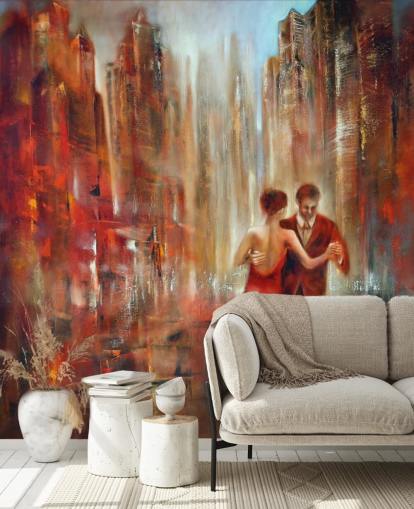 romantic painting of two people dancing in red city wallpaper