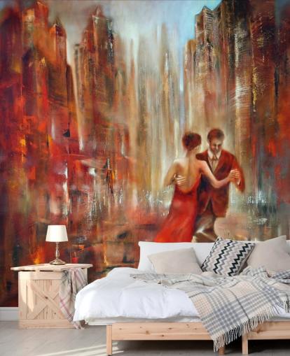 pintura romântica de duas pessoas dançando no papel de parede da cidade vermelha