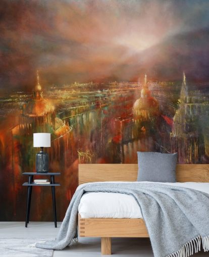 abstrakte Malerei einer Stadt in tiefen Farben Tapete