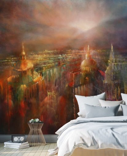 pintura abstracta de una ciudad en papel pintado de colores profundos