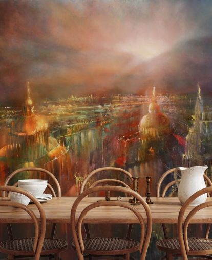 pintura abstracta de una ciudad en papel pintado de colores profundos
