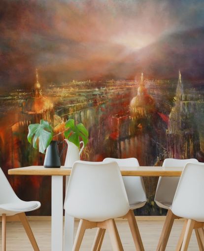 pintura abstrata de uma cidade em cores profundas papel de parede