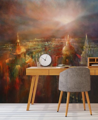 abstract painting of a city in deep colours wallpaper