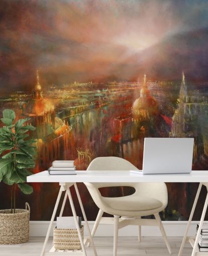 pintura abstrata de uma cidade em cores profundas papel de parede