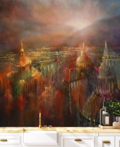 pittura astratta di una città in colori intensi carta da parati