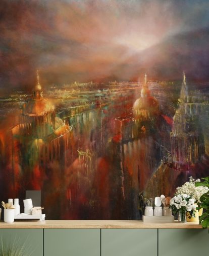 abstract painting of a city in deep colours wallpaper