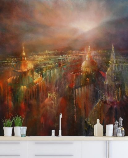 abstrakte Malerei einer Stadt in tiefen Farben Tapete abstrakte Malerei einer Stadt in tiefen Farben Tapete