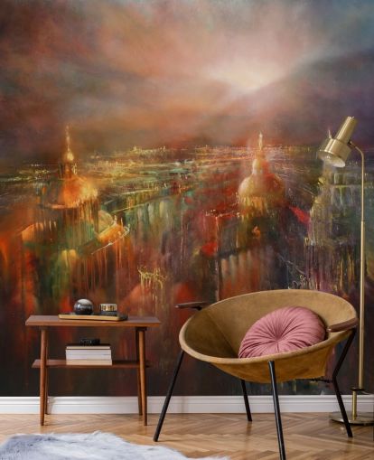 pittura astratta di una città in colori intensi carta da parati