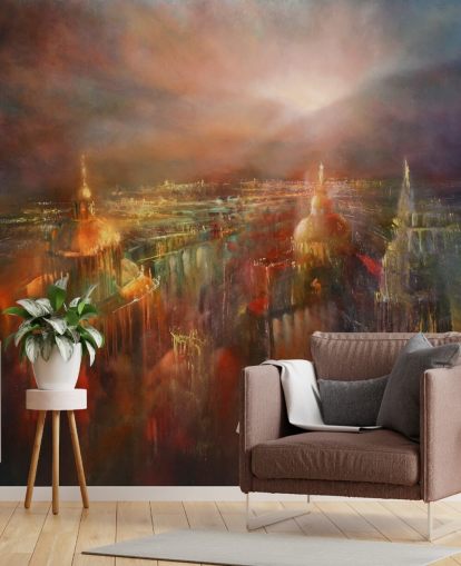 pintura abstracta de una ciudad en papel pintado de colores profundos