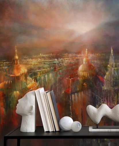 abstracte schilderkunst van een stad in diepe kleuren behang abstracte schilderkunst van een stad in diepe kleuren behang