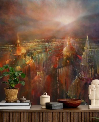 peinture abstraite d'une ville aux couleurs profondes papier peint