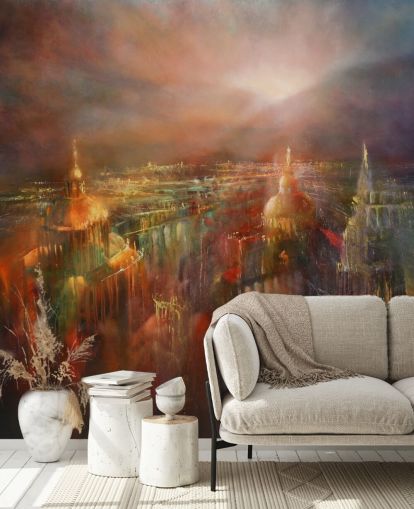 abstract painting of a city in deep colours wallpaper