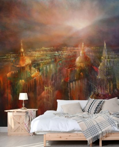 peinture abstraite d'une ville aux couleurs profondes papier peint