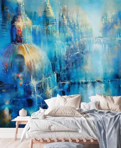 blauw abstract schilderij van een stadsbehang