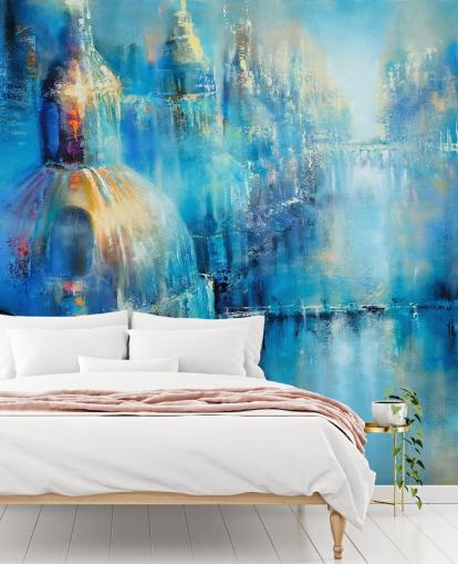 blauw abstract schilderij van een stadsbehang blauw abstract schilderij van een stadsbehang