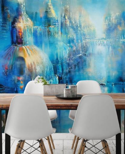 blauw abstract schilderij van een stadsbehang