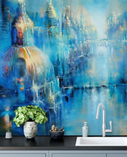 blue abstract painting of a city wallpaper