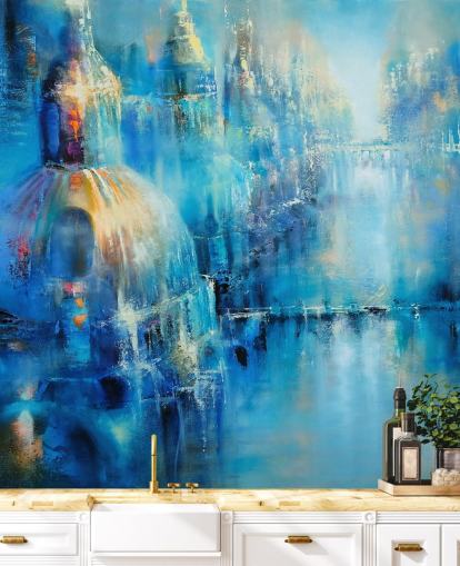 blue abstract painting of a city wallpaper