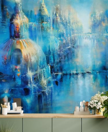 blauw abstract schilderij van een stadsbehang blauw abstract schilderij van een stadsbehang