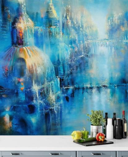 blauw abstract schilderij van een stadsbehang blauw abstract schilderij van een stadsbehang