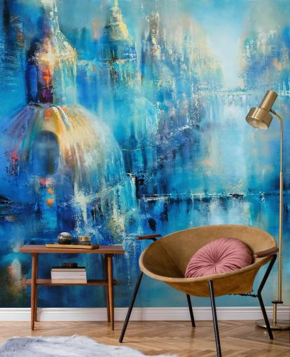 blue abstract painting of a city wallpaper