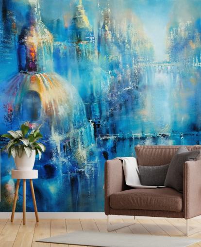 blauw abstract schilderij van een stadsbehang