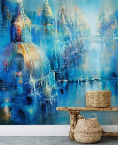 pittura astratta blu di una carta da parati della città