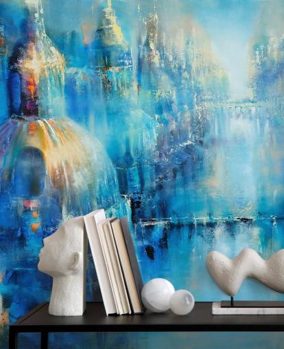 blue abstract painting of a city wallpaper