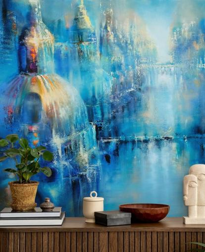 pittura astratta blu di una carta da parati della città