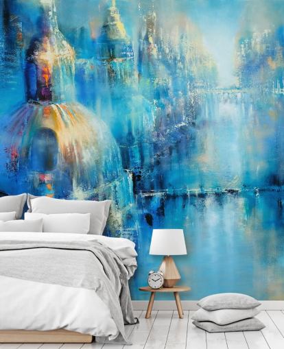 blue abstract painting of a city wallpaper