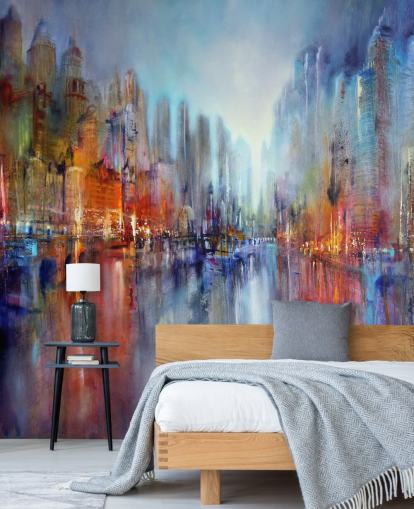painted abstract of a city with a river flowing through wallpaper