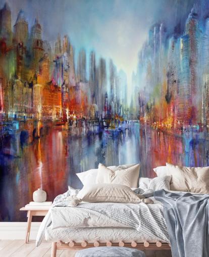 abstrato pintado de uma cidade com um rio fluindo através do papel de parede abstrato pintado de uma cidade com um rio fluindo através do papel de parede