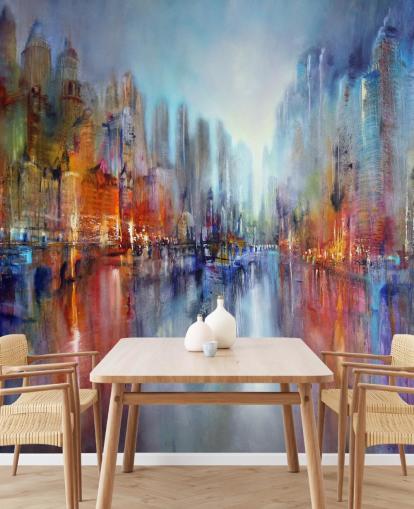 abstrato pintado de uma cidade com um rio fluindo através do papel de parede