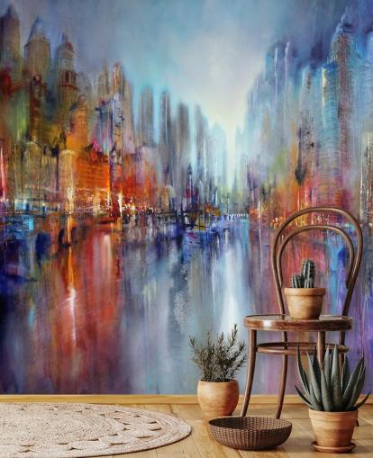 painted abstract of a city with a river flowing through wallpaper painted abstract of a city with a river flowing through wallpaper