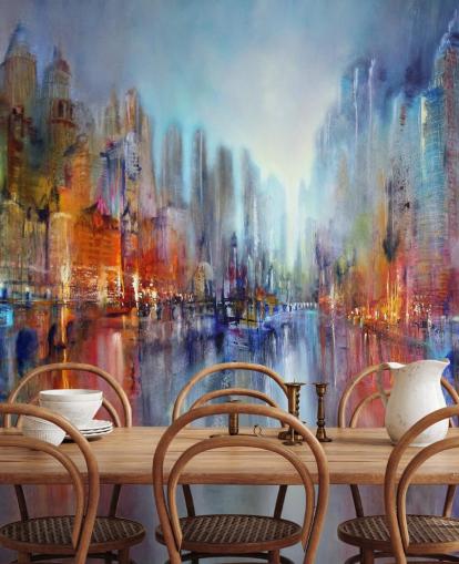 painted abstract of a city with a river flowing through wallpaper