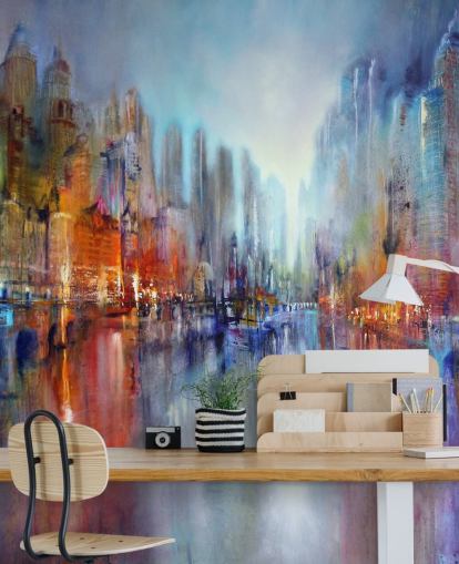 painted abstract of a city with a river flowing through wallpaper