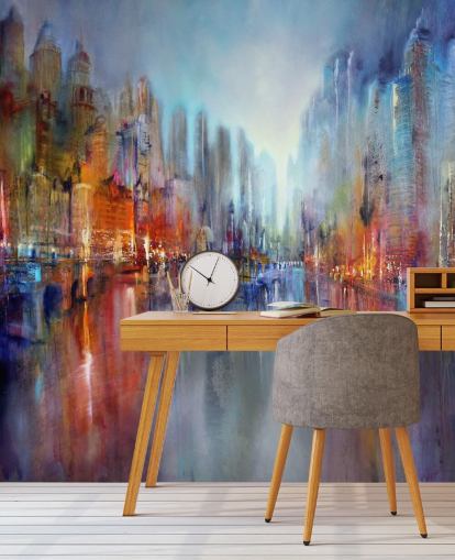 painted abstract of a city with a river flowing through wallpaper