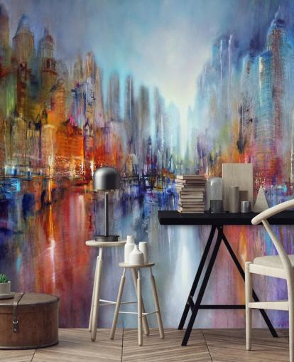 abstracto pintado de una ciudad con un río que fluye a través del papel pintado