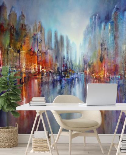 painted abstract of a city with a river flowing through wallpaper