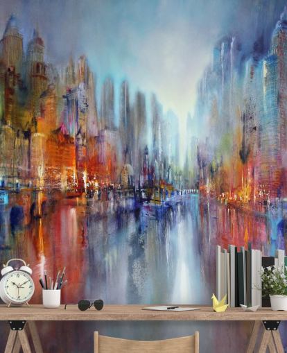 painted abstract of a city with a river flowing through wallpaper